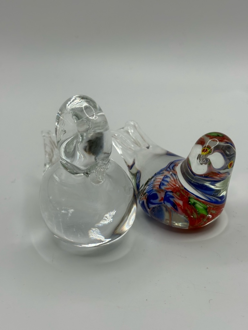 Lot two VTG Mini  Art glass Bird Figures one Clear & one Millefiori Style Spring